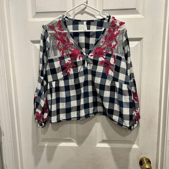 Roper Navy Blue White Buffalo Check Blouse With Pink‎ Embroidery Lace Medium - Picture 1 of 10